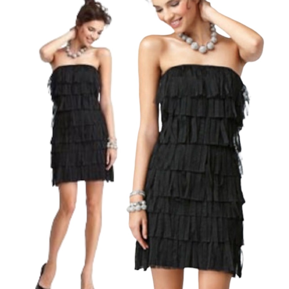 🔥TRENDY🔥 Ann Taylor Black Tiered Tulle Fringe Dress Size 2